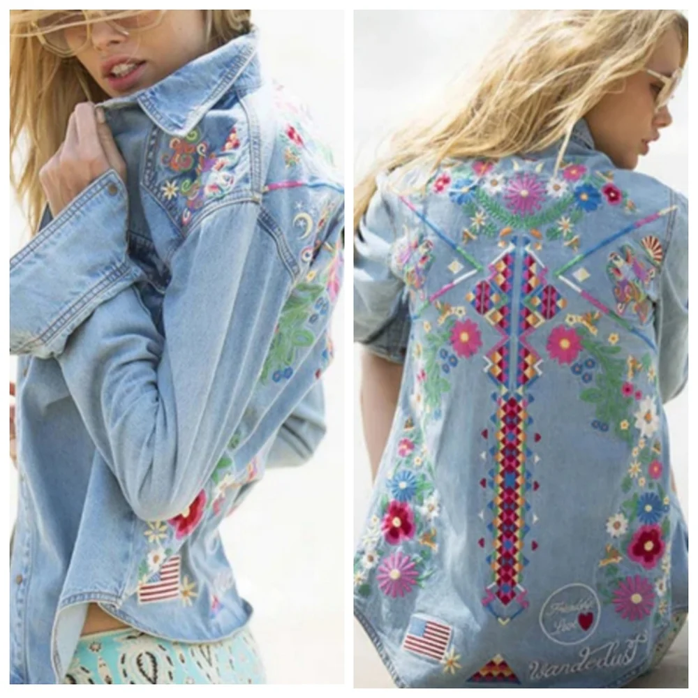 Free People Home Made Denim Shirt Wunderlust Embroidered Sz L - Picture 9 of 15